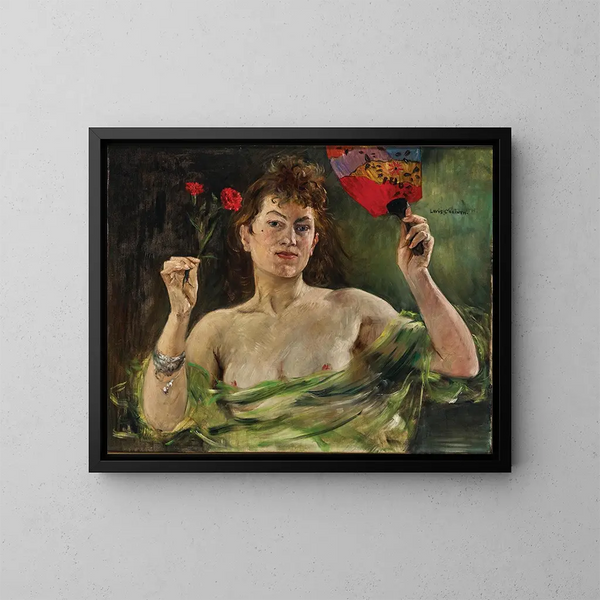 Girl with a Fan and Carnations - Lovis Corinth — framed artwork on a wall