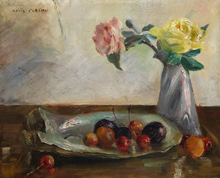 Lovis Corinth - Stillleben mit Blumen in Vase Muschel und Obst.webp
