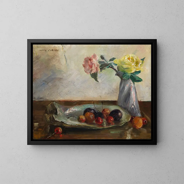 Nature morte avec des fleurs dans un vase, une coquille et des fruits - Lovis Corinth — framed artwork on a wall