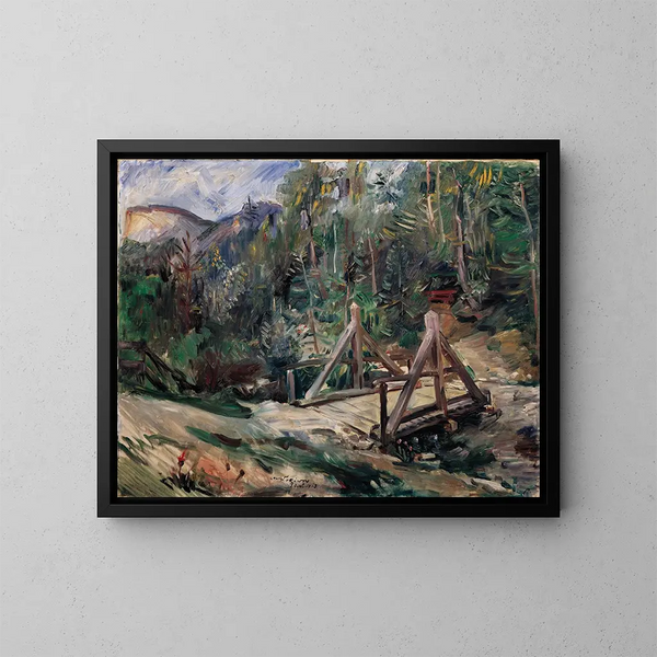 Tyrolean landscape painting with bridge - Lovis Corinth — framed artwork on a wall