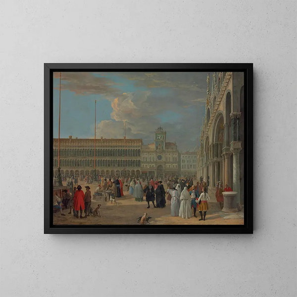 Vista de la plaza de San Marcos con la torre del reloj, Venecia - Luca Carlevarijs — cuadro enmarcado en la pared