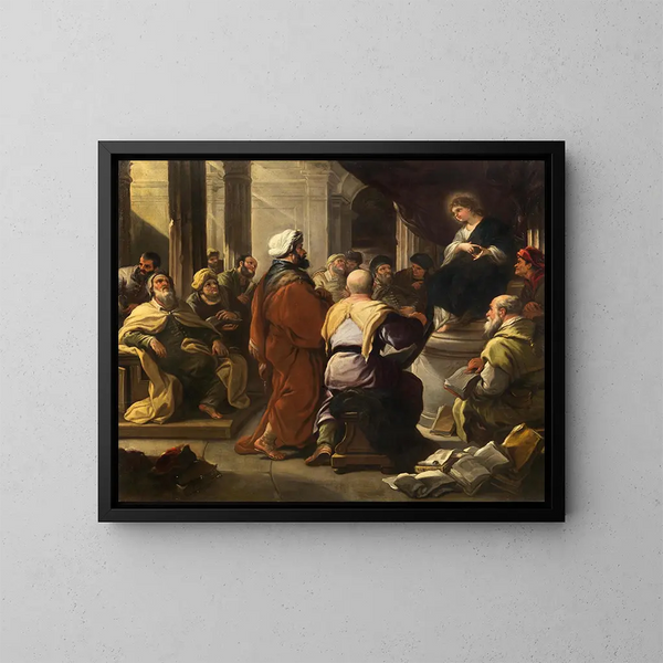 El Cristo entre los doctores - Luca Giordano — cuadro enmarcado en la pared