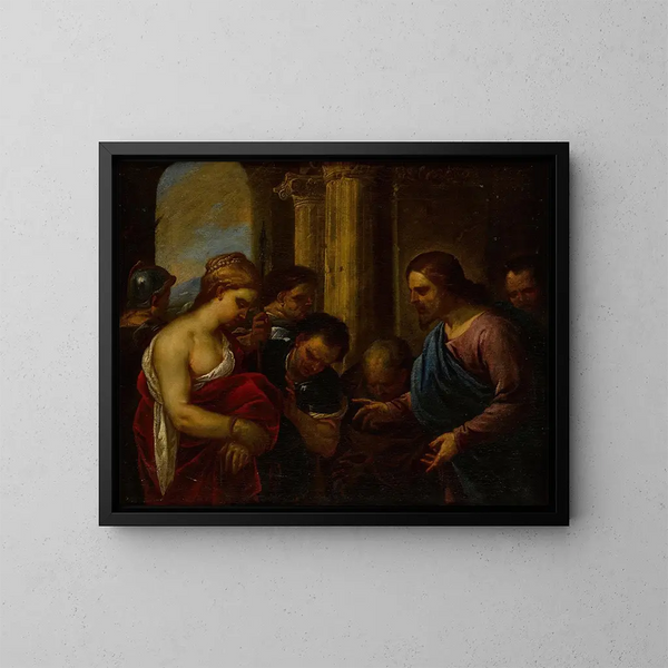 El Cristo y la mujer adúltera - Luca Giordano — cuadro enmarcado en la pared