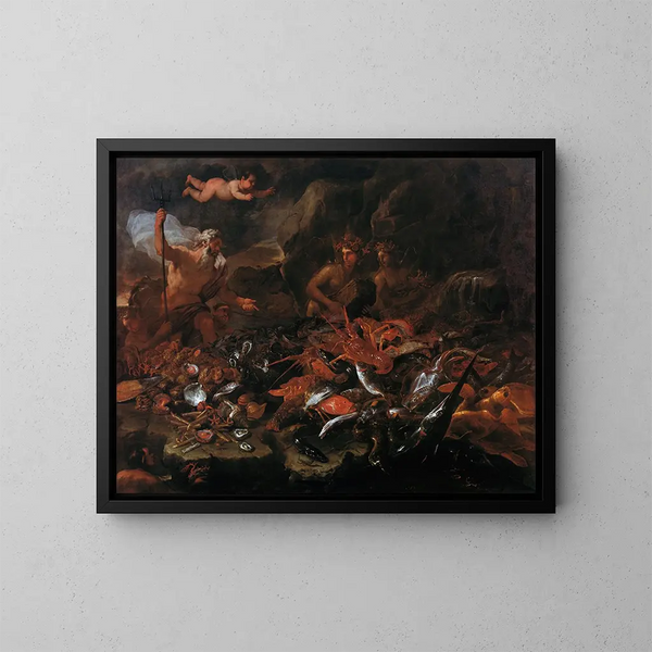 Las riquezas del mar con Neptuno, tritones y dos nereidas - Luca Giordano — cuadro enmarcado en la pared