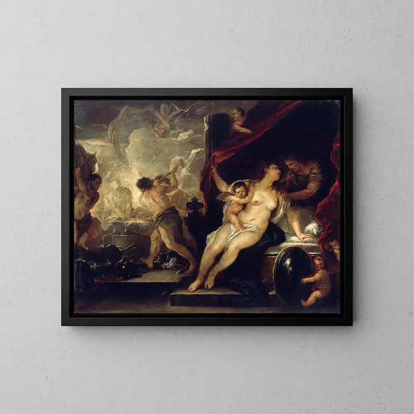 Venus, Marte y la forja de Vulcano - Luca Giordano — cuadro enmarcado en la pared