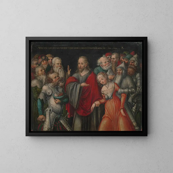 The Christ and the Adulteress - Lucas Cranach the Younger — framed artwork on a wall