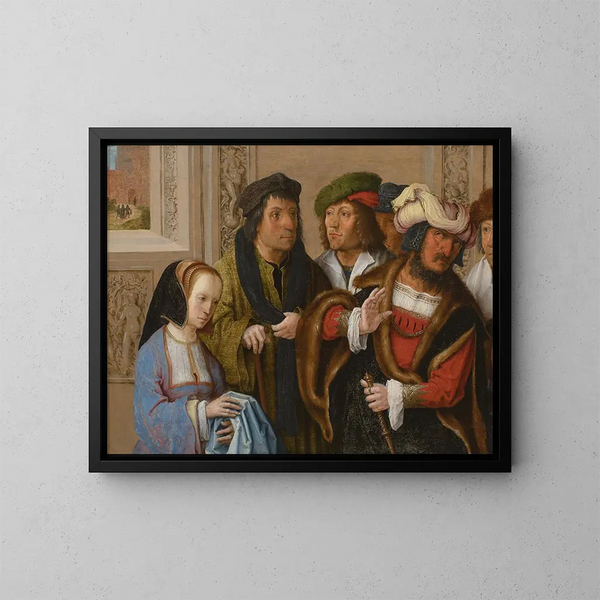 La mujer de Potifar muestra a su esposo el manto de José, en el fondo José es llevado a la cárcel. - Lucas van Leyden — cuadro enmarcado en la pared