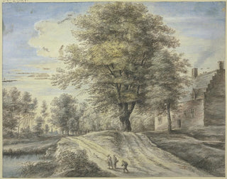 Lucas van Uden - Bei einem Haus ein groer Baum vorne drei Figuren und ein Hund.webp