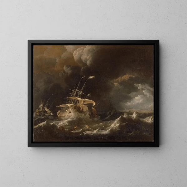 Dutch merchant ships in a storm - Ludolf Bakhuizen — framed artwork on a wall