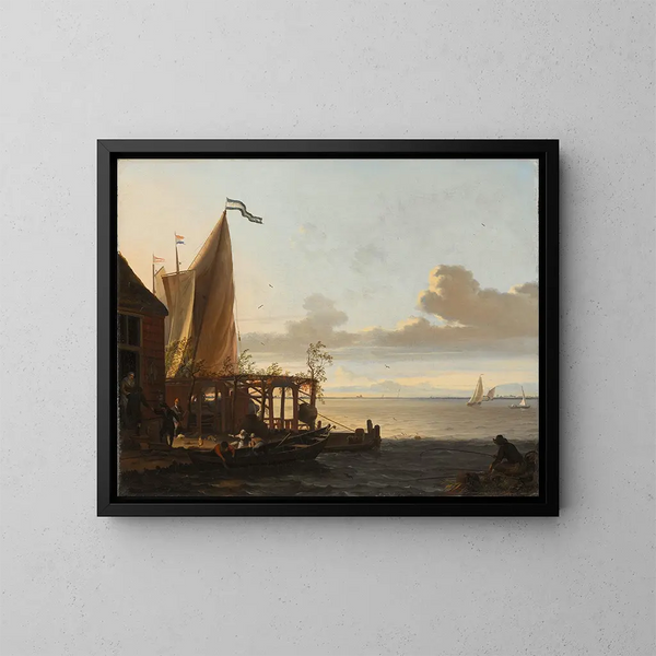 Petit port near a tavern - Ludolf Bakhuizen — framed artwork on a wall