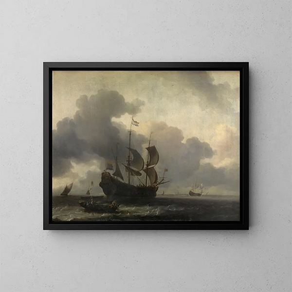 the warship De Jacob at anchor - Ludolf Bakhuizen — framed artwork on a wall