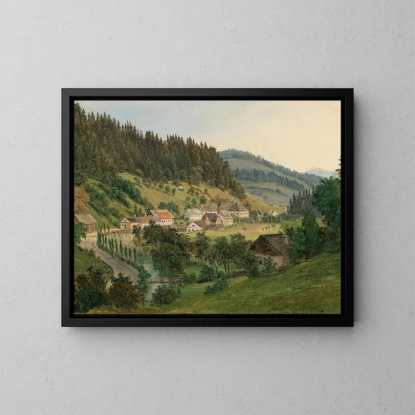 a view of Waidhofen an der Ybbs, the house of the counterfeit maker Baron Winkler - Ludwig Halauska — framed artwork on a wall