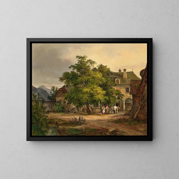 A meeting by the fountain - Ludwig Halauska — framed artwork on a wall
