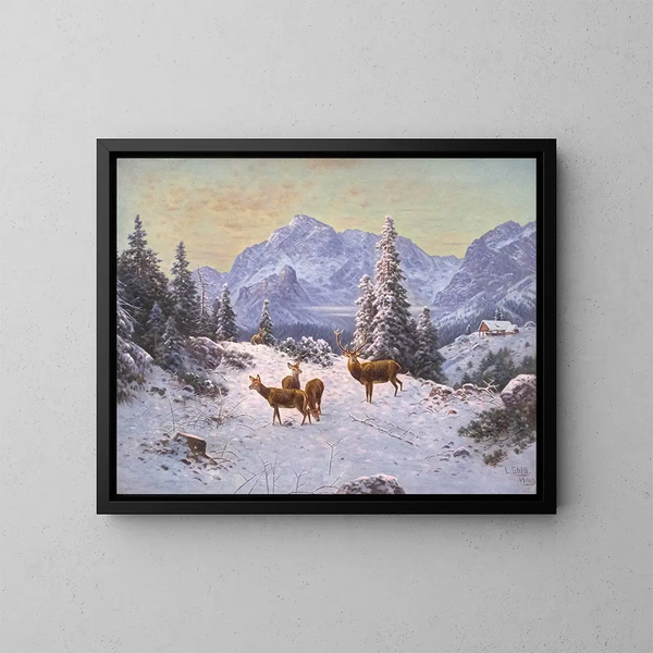 ciervo con un rebaño en invierno - Ludwig Sckell — cuadro enmarcado en la pared