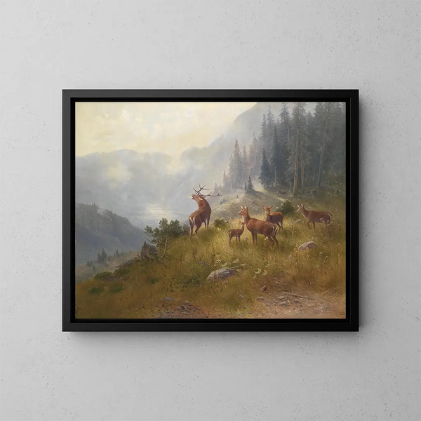 Ciervos en las montañas elevadas - Ludwig Sckell — cuadro enmarcado en la pared