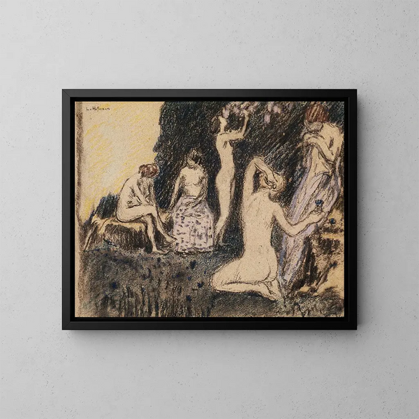 Paisaje con cinco mujeres desnudas - Ludwig von Hofmann — cuadro enmarcado en la pared