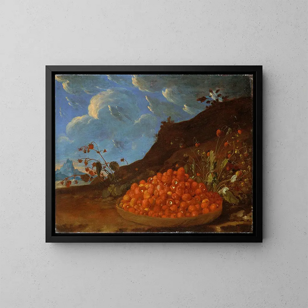 Cesta de fresas silvestres en un paisaje - Luis Meléndez — cuadro enmarcado en la pared