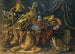 Piezas de armadura de desfile: un casco con plumas, una pistola en funda, una jarra dorada, un quemador de perfume de plata, una caja de joyas, una trompeta y una bandera sobre un cassone - Madeleine de Boulogne — vista de la obra