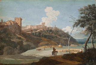 Marco Ricci - View of an Italian hilltown with a horseman and peasants laboring.webp