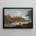 Vista de una ciudad italiana en una colina con un jinete y campesinos trabajando - Marco Ricci — cuadro enmarcado en la pared