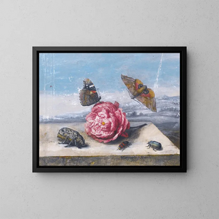 Margareta de Heer - Still Life With Insects Around A Rose On A Stone Ledge.webp