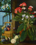 Una naturaleza muerta con flores en maceta y frutas - Marian Chase — vista de la obra