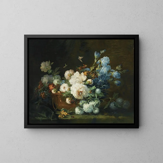 Marie BelouxHodieux - A Flower Still Life With Peonies Irises Hydrangea In A Copper Kettle A Beetle And Butterflies.webp