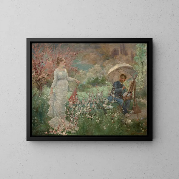 El pintor y su modelo en un jardín - Marie Bracquemond — cuadro enmarcado en la pared
