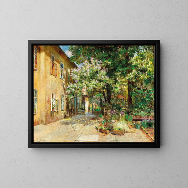 A view of the courtyard at No. 8 Dreilaufergasse, 1070 Vienna - Marie Egner — framed artwork on a wall