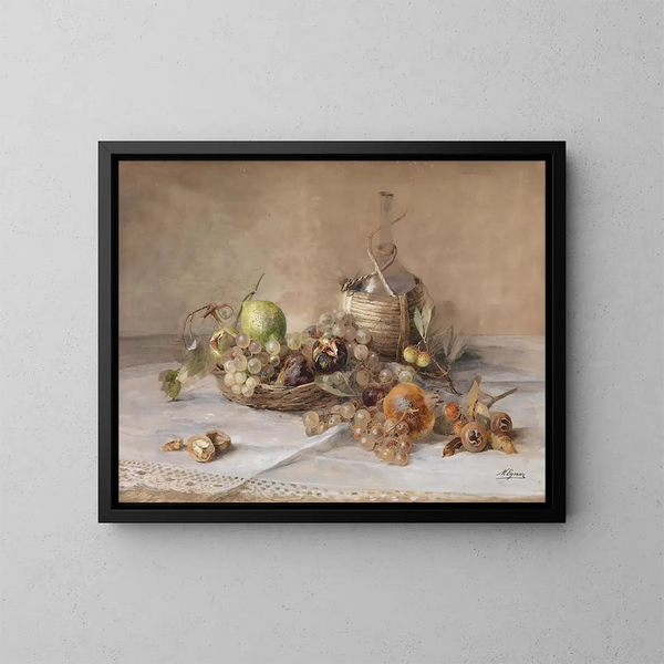 Still life with fruits and a Chianti bottle - Marie Egner — framed artwork on a wall