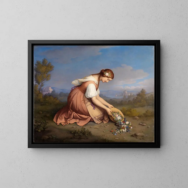 Niña de rodillas vertiendo una cesta de flores - Marie Ellenrieder — cuadro enmarcado en la pared
