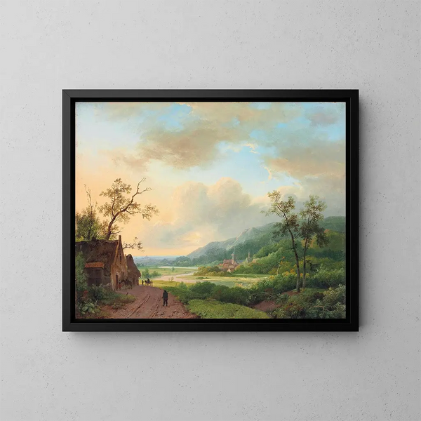 Travelers on a path by the riverside at dusk - Marinus Adrianus Koekkoek — framed artwork on a wall