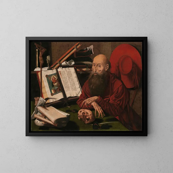 San Jerónimo en su estudio - Marinus van Reymerswaele — cuadro enmarcado en la pared