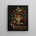 Lys, claveles, rosas y otras flores en una urna dorada con relieve en un borde de piedra - Mario Nuzzi — cuadro enmarcado en la pared