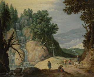 Marten Ryckaert - A Rocky Landscape With A Waterfall And Travellers On A Path.webp