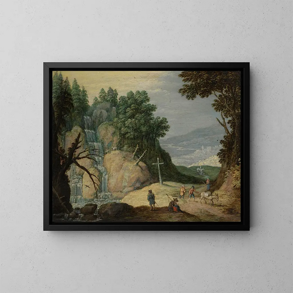 a rocky landscape with a waterfall and travelers on a path - Marten Ryckaert — framed artwork on a wall