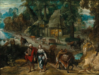 Marten van Valkenborch - A farmyard with Jacob and Rachel.webp