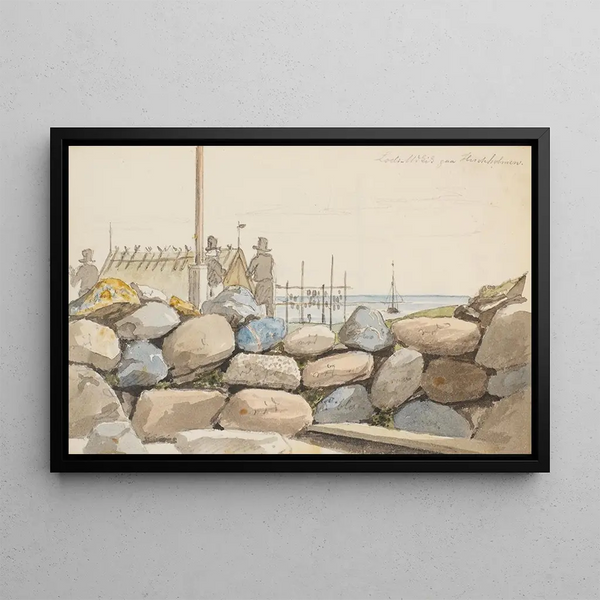 Paisaje costero con grandes rocas en primer plano - Martinus Rørbye — cuadro enmarcado en la pared