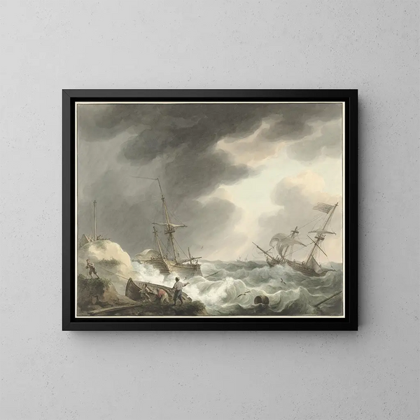 dos barcos encallados, uno bajo pabellón estadounidense, en una costa de dunas - Martinus Schouman — cuadro enmarcado en la pared