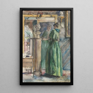 Martinus van Andringa - Dame in groene japon staande voor een spiegel.webp