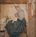 Mary Gallen cosiendo en una casa de Karelia - Akseli Gallen-Kallela — presentado en un interior