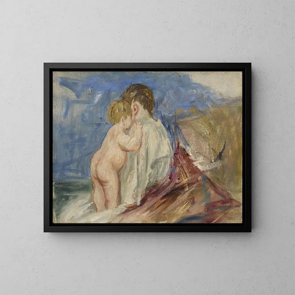 Madre sentada con un bebé de pie a su lado en un paisaje - Mary Cassatt — cuadro enmarcado en la pared