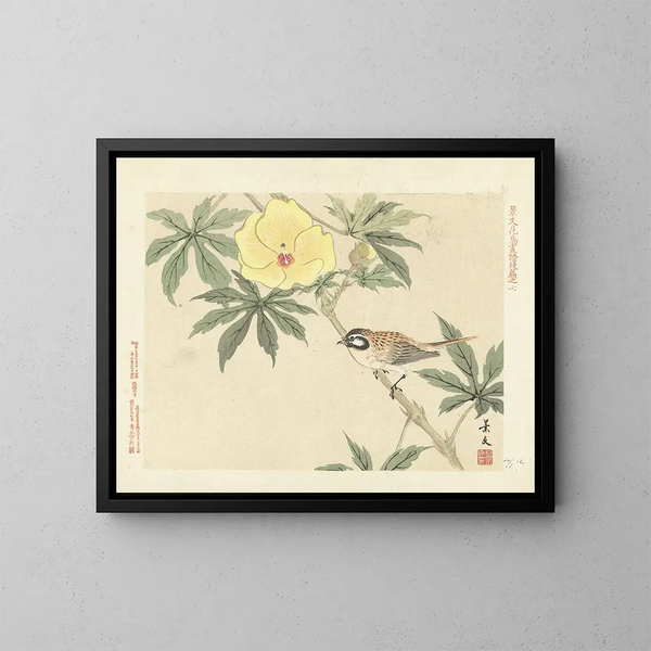 Hibisco al atardecer y zorzal de los prados - Matsumura Keibun — cuadro enmarcado en la pared