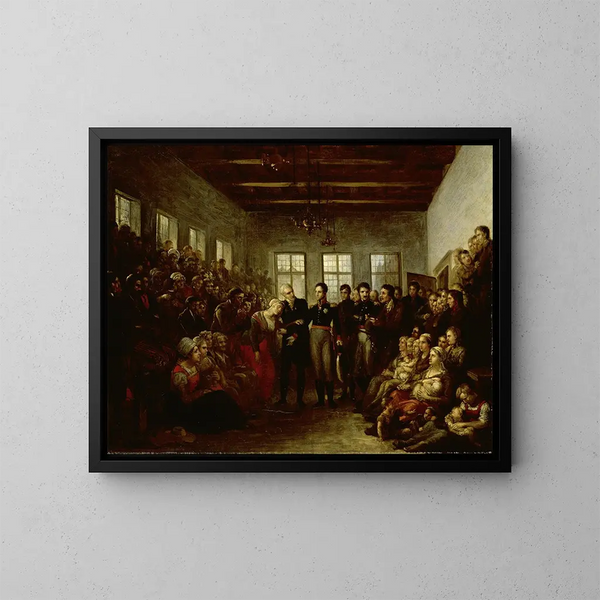 El príncipe de Orange visitando a las víctimas de las inundaciones en el orfanato de los capellanes de Ámsterdam el 14 de febrero de 1825 - Mattheus Ignatius van Bree — cuadro enmarcado en la pared