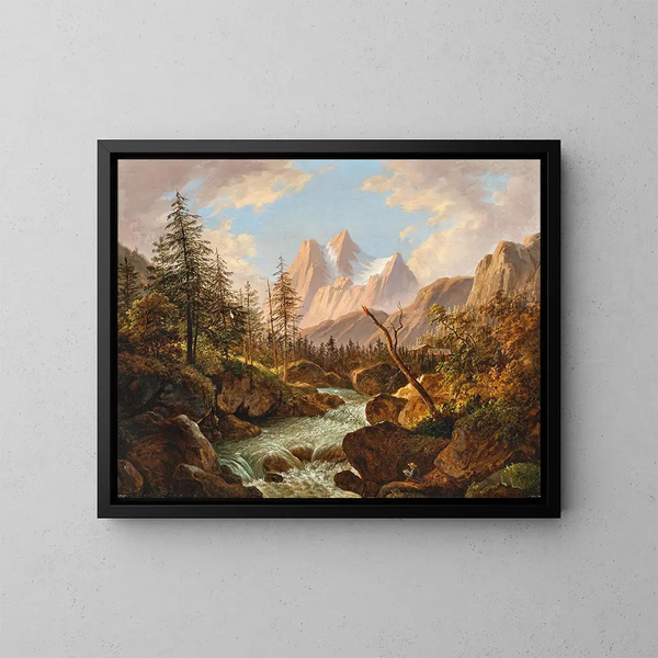 Un pintor junto a un arroyo de montaña - Matthias Rudolf Toma — cuadro enmarcado en la pared