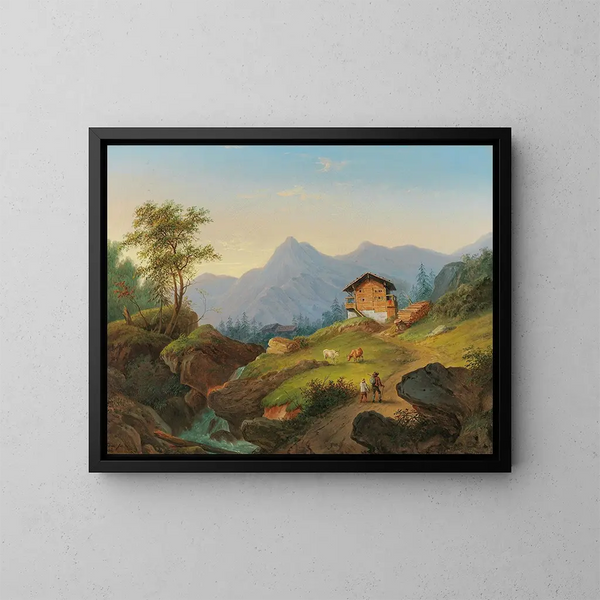 Paisaje de montaña con excursionistas - Matthias Rudolf Toma — cuadro enmarcado en la pared