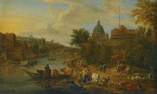 Matthijs Schoevaerdts - Rome A Capriccio View Of The Tiber With The Castel Santangelo Peasants With Their Cattle On The River Banks.webp
