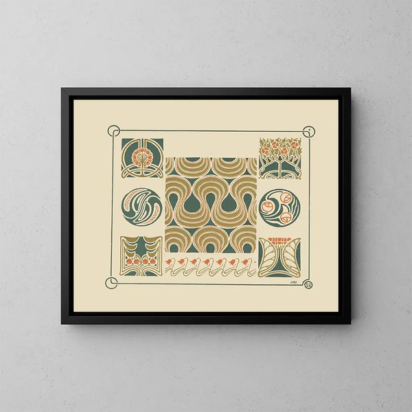 an abstract design based on flower buttons, berries, and tulips - Maurice Pillard Verneuil — framed artwork on a wall