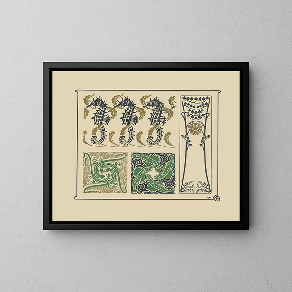Abstract design painting based on seahorses, lizards, and small leaves - Maurice Pillard Verneuil — framed artwork on a wall