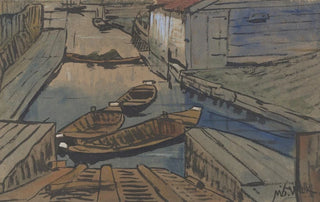 Maurits van der Valk - Bootjes in een sloot tussen schuren.webp